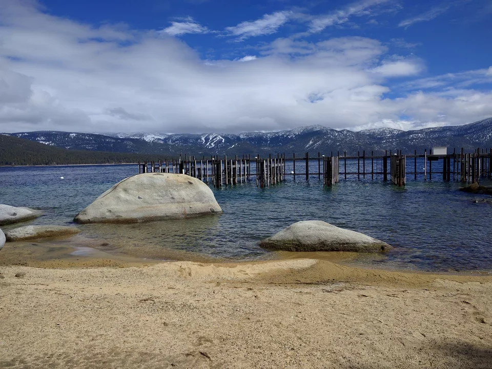Beach in front of mountain scene on Butte Lab's ski trip with Bollyky Lab. Took place in Crystal Bay, NV March 12, 2016.