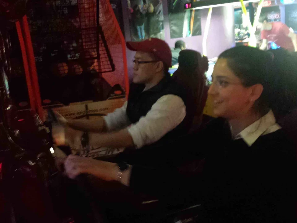 Man and woman from Butte and Bollyky Labs play laser quest in Mountain View on Oct 21, 2014